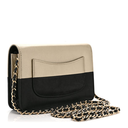 Chanel Metallic Caviar Suede Wallet On Chain WOC Gold Black 3 of 11