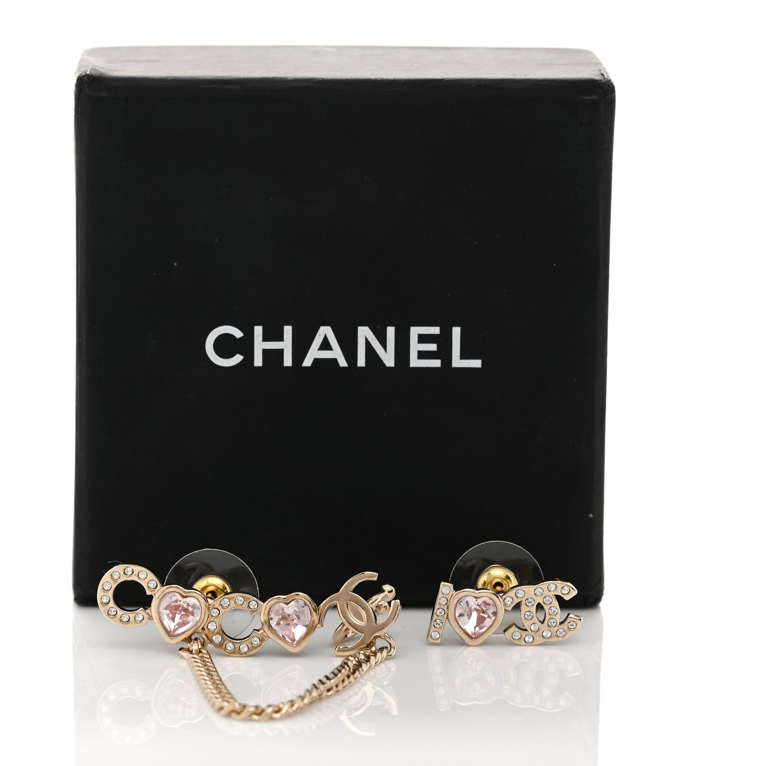 Chanel Metal Strass I Love Coco Heart Chain Climber Earrings Gold Pink 5 of 5