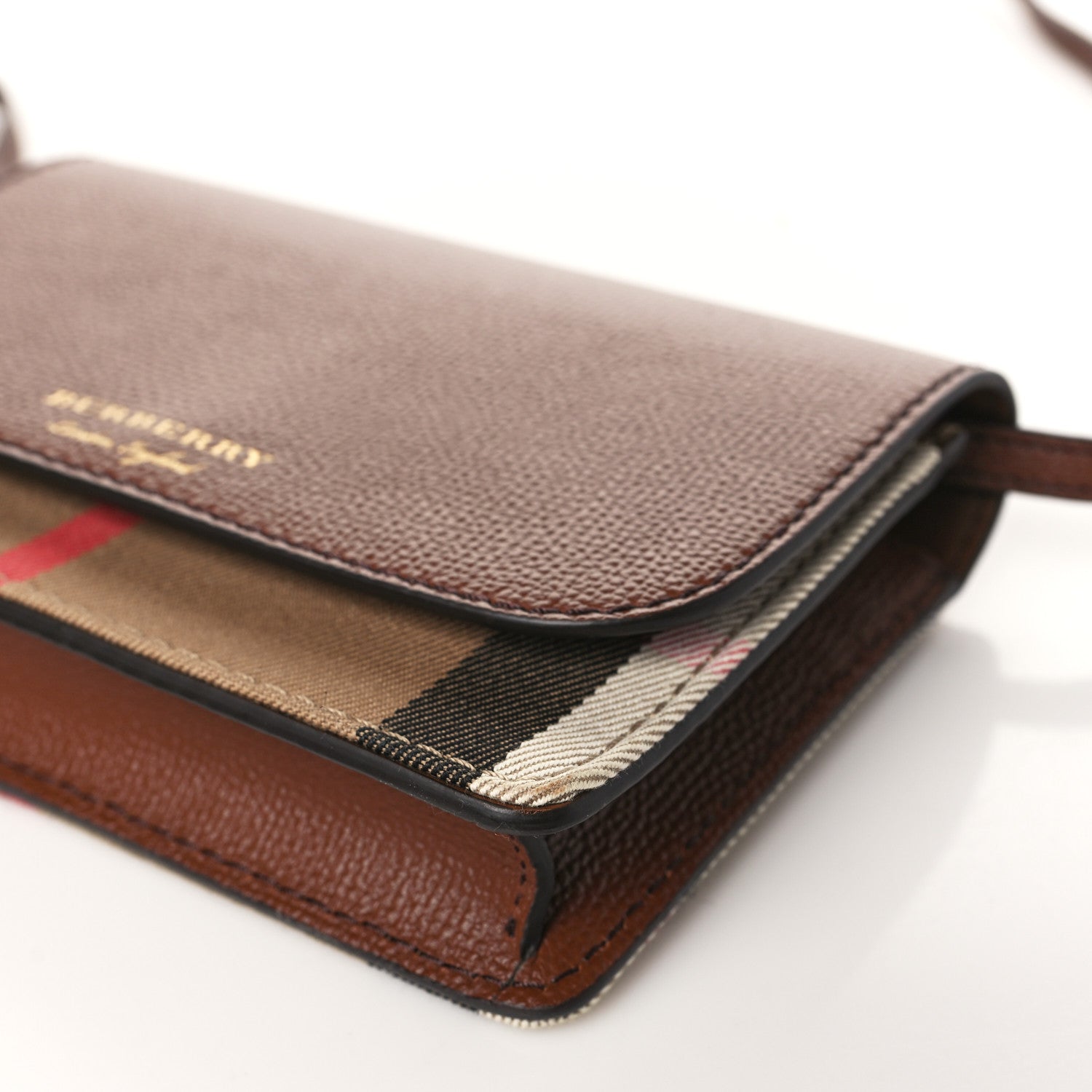 Burberry Grained Calfskin House Check Tartan Mix Hampshire Wallet On Chain Tan 9 of 11