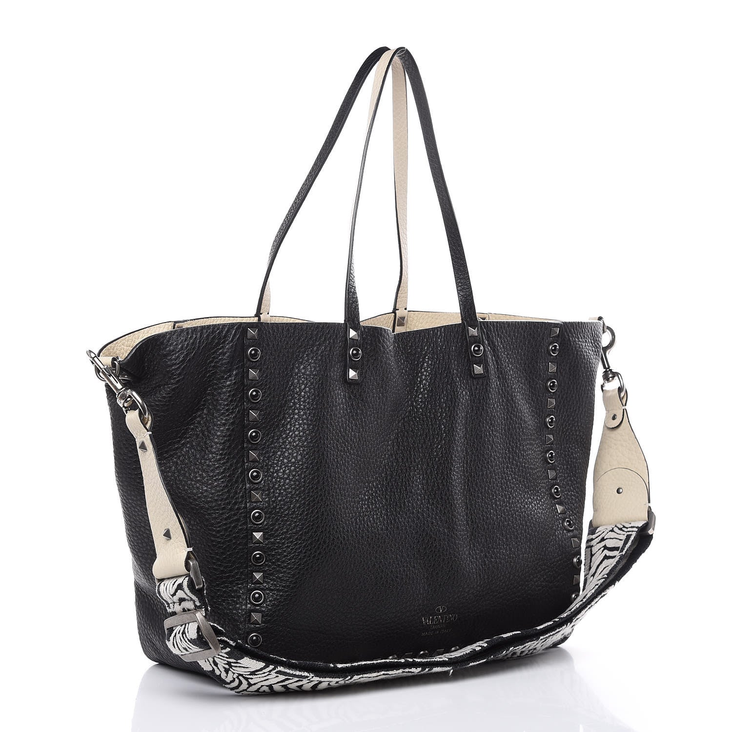 Valentino Garavani Stampa Alce Calfskin Medium Guitar Strap Rockstud Rolling Reversible Tote Black Ivory 4 of 14