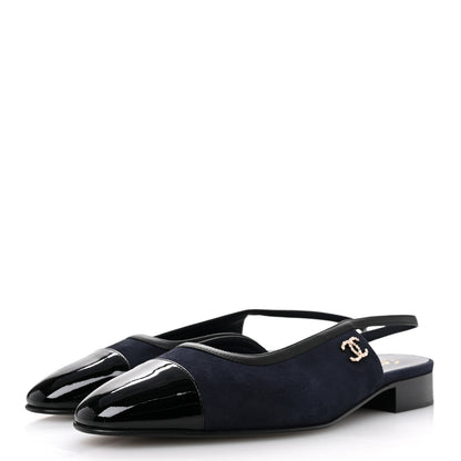 Chanel Suede Patent Crystal CC Cap Toe Slingback Flats 41 Navy Black 4 of 9