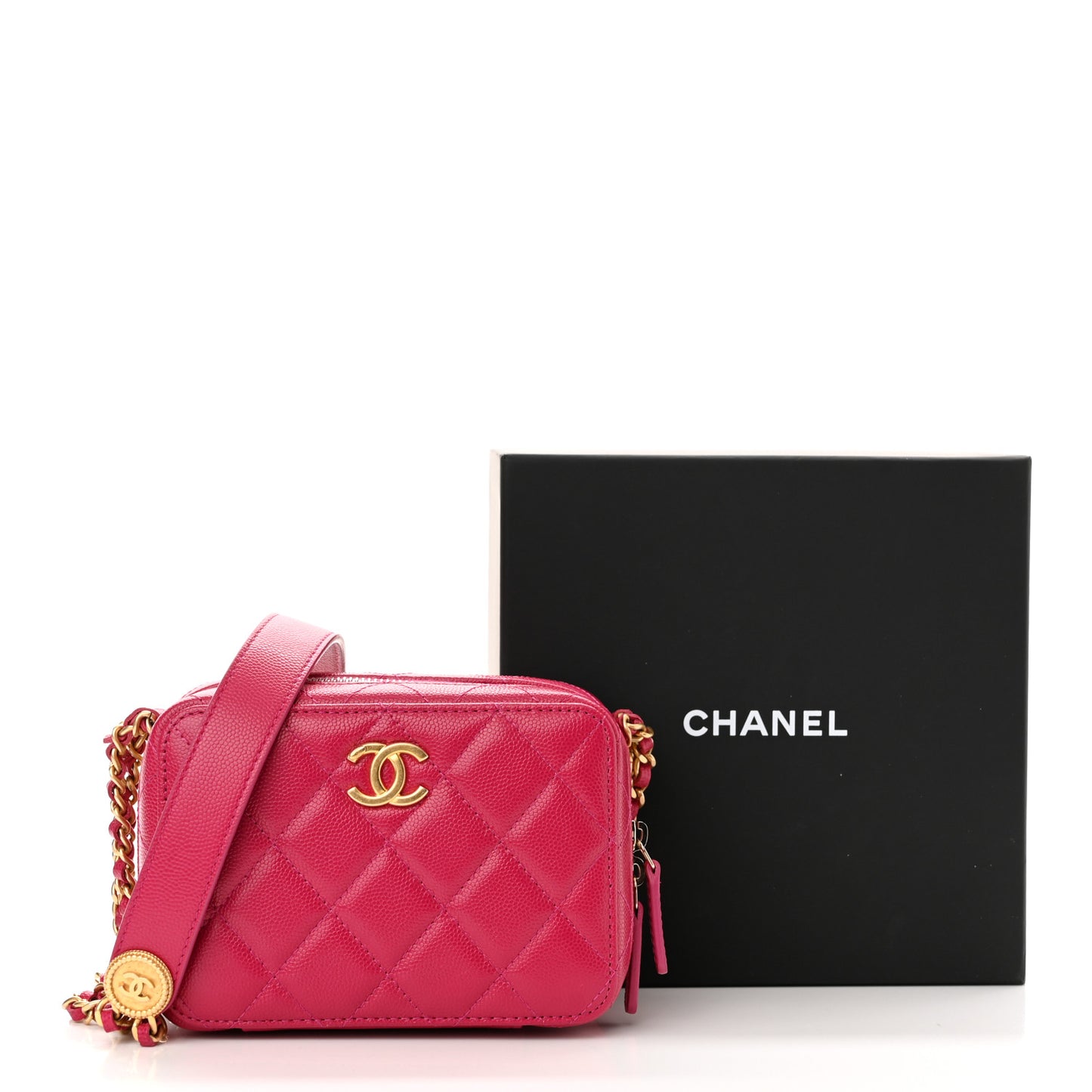 Caviar Quilted Twist Your Buttons Clutch With Chain Fuchsia