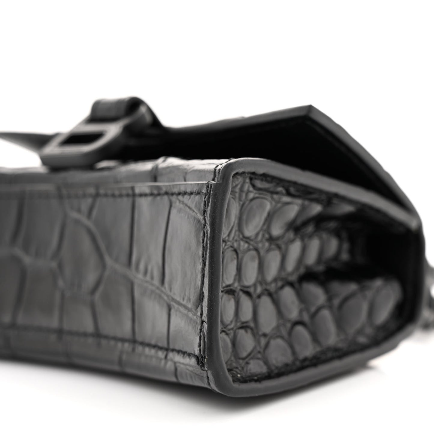 Shiny Calfskin Monochrome Crocodile Embossed Hourglass Top Handle Bag Mini with Chain Black