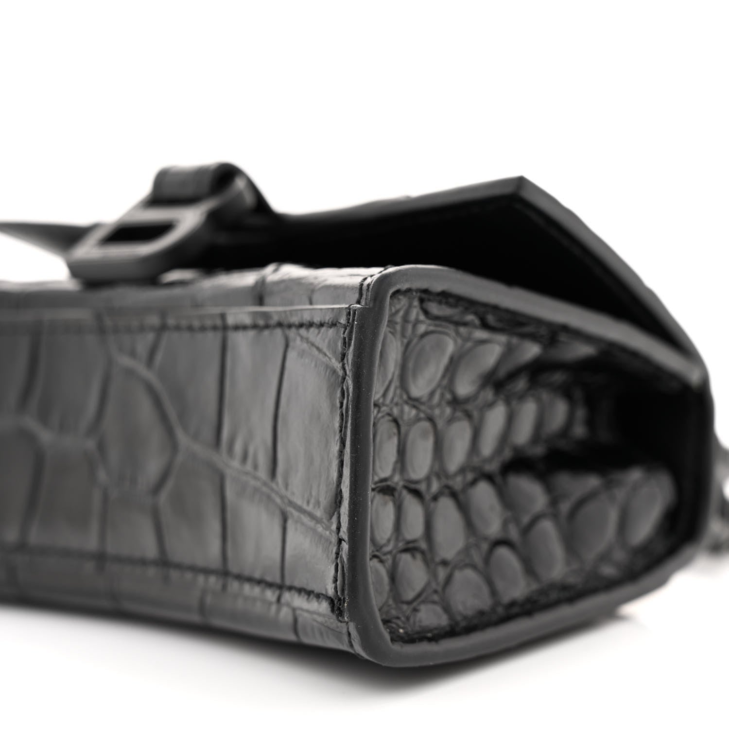 Balenciaga Shiny Calfskin Monochrome Crocodile Embossed Hourglass Top Handle Bag Mini with Chain Black 9 of 9