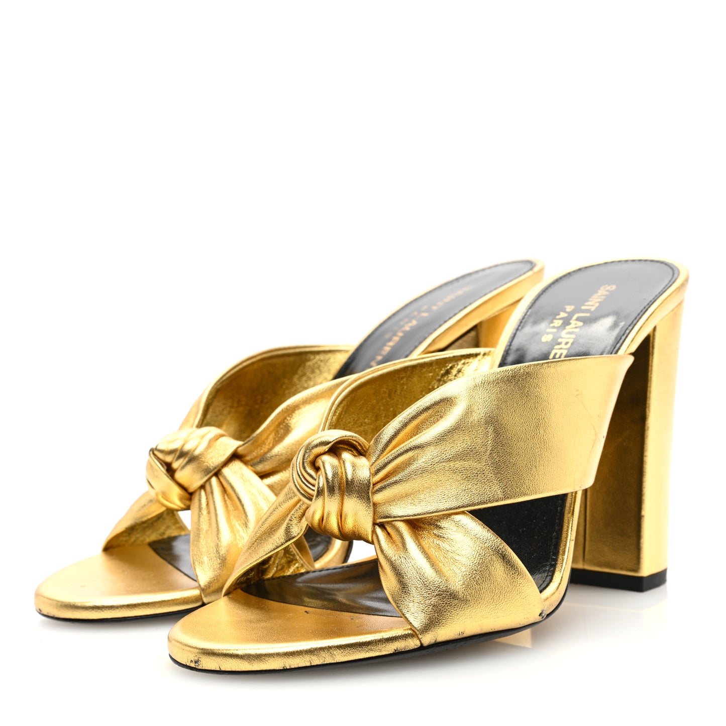 Metallic Calfskin Bianca Knotted Mule Sandals 38 Gold