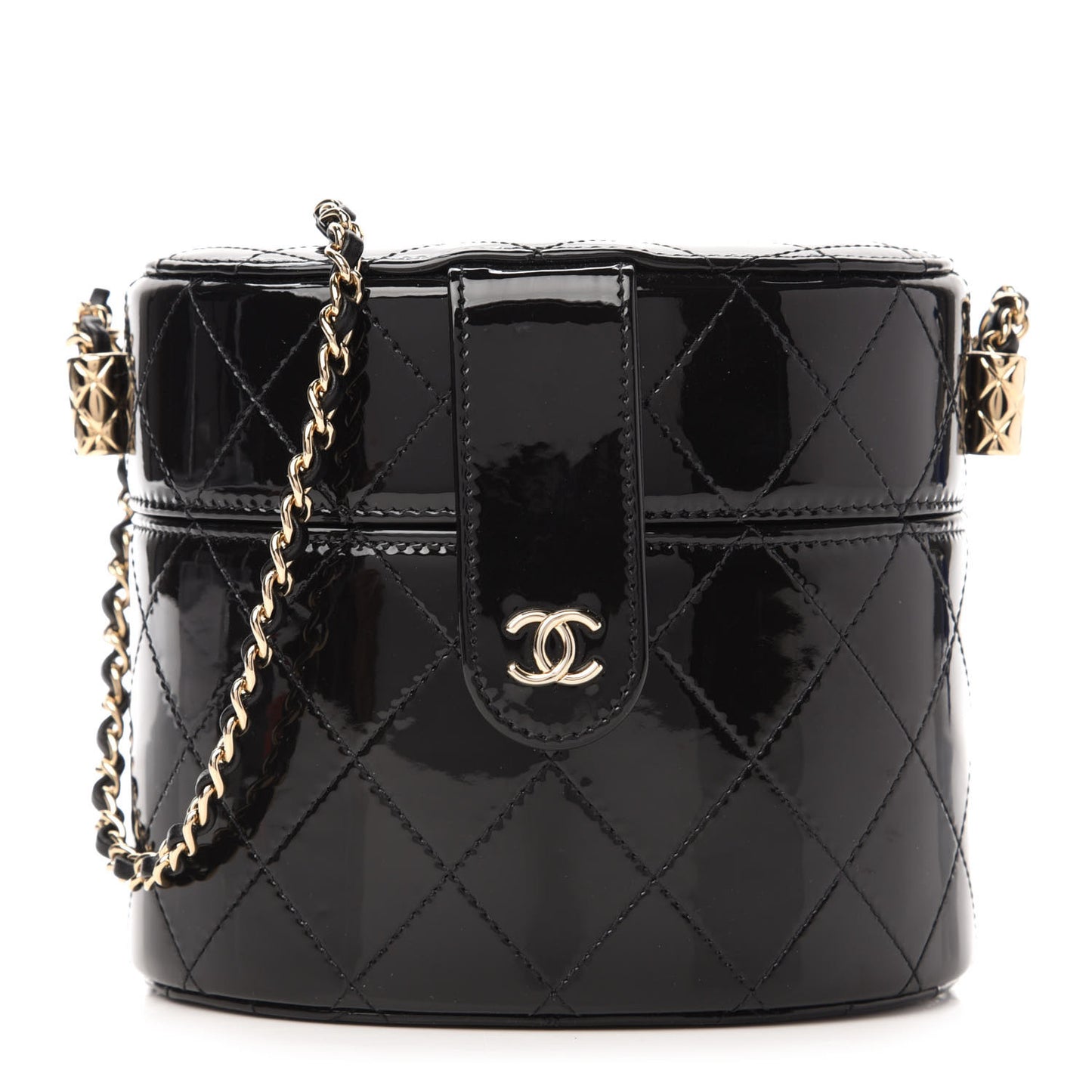 Patent Quilted Round Small Vanity With Chain Black