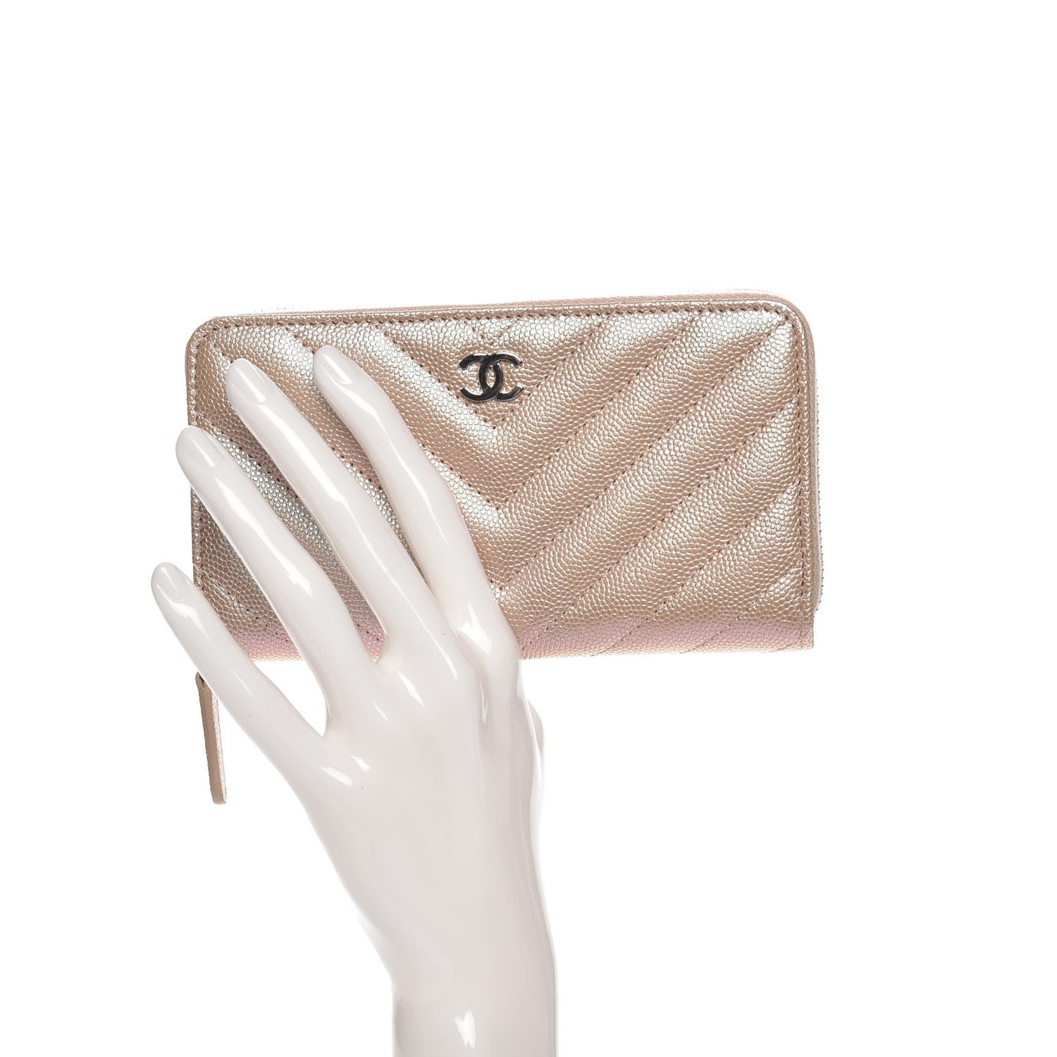 Chanel Metallic Caviar Chevron Quilted Small Zip Around Wallet Light Gold 2 of 9