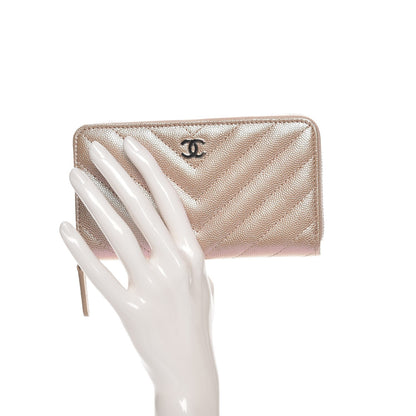 Chanel Metallic Caviar Chevron Quilted Small Zip Around Wallet Light Gold 2 of 9
