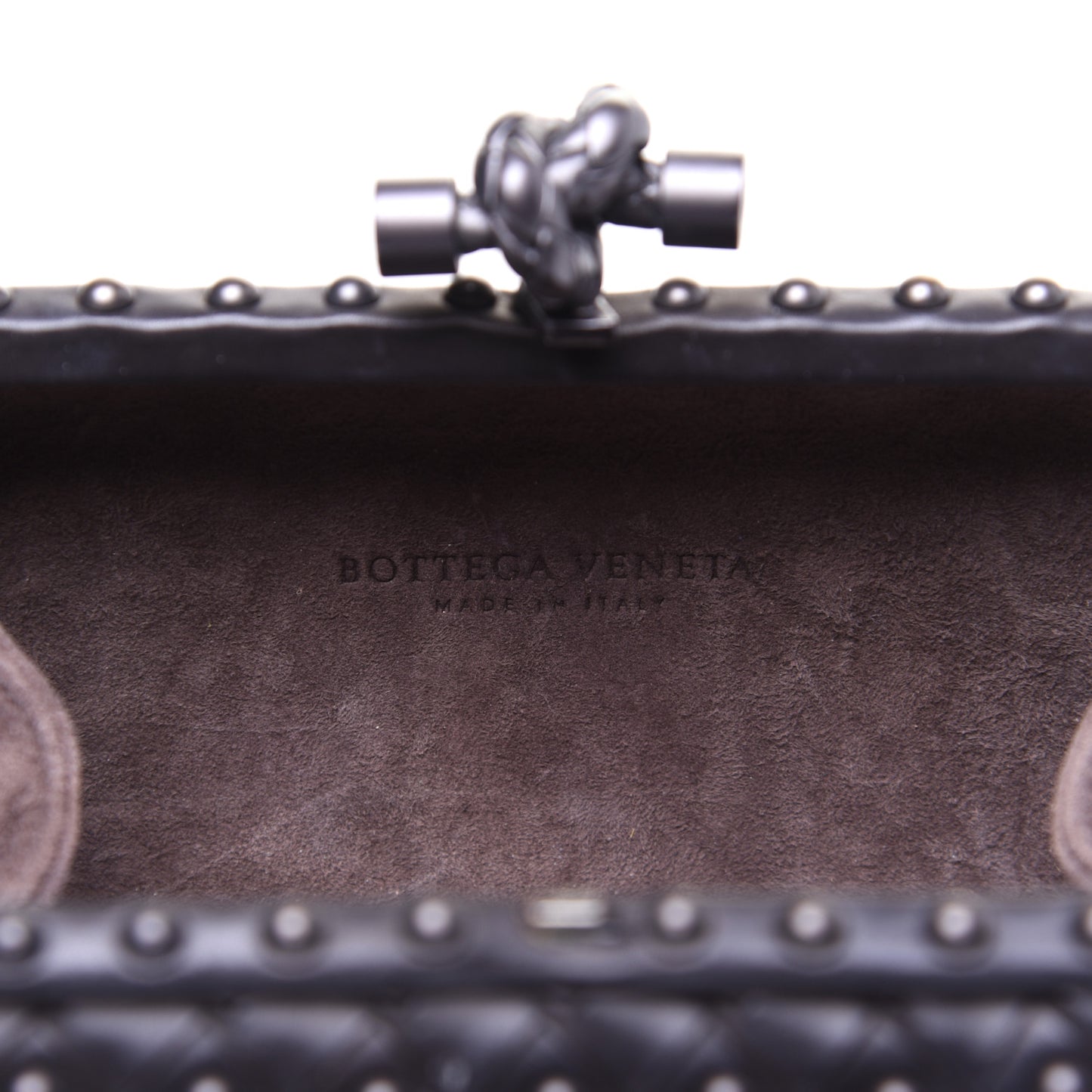 Waxy Nappa Intrecciato Knot Studded Clutch Black