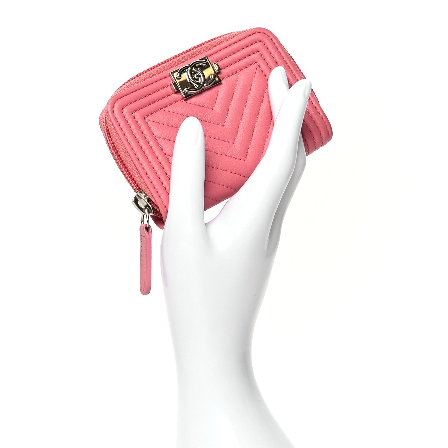 Chanel Calfskin Chevron Quilted Zip Around Boy Coin Purse Wallet Pink 2 of 9