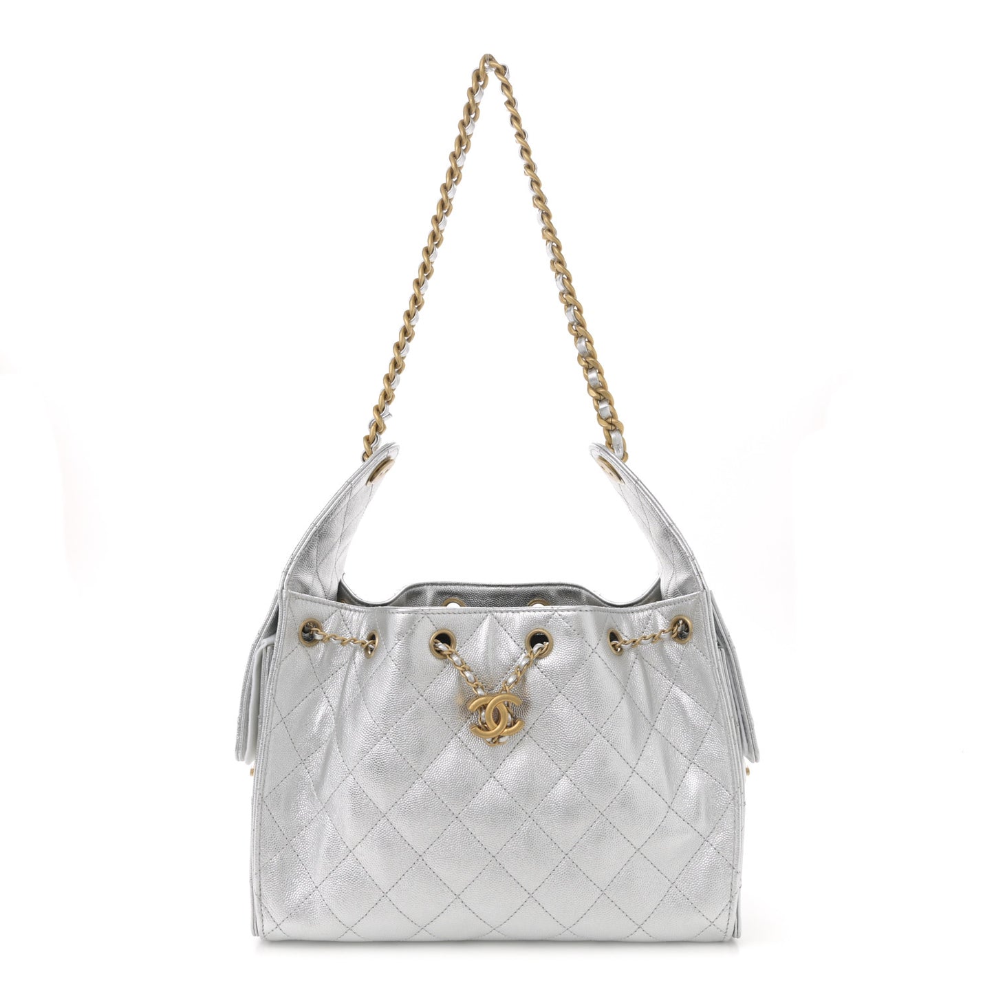 Metallic Caviar Quilted Small Chanel 25 Handbag Silver