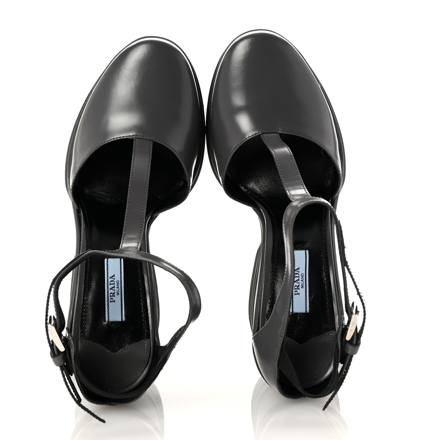 Prada Spazzolato Mary Jane T Strap Wedge Pumps 40 Mercurio 1679852