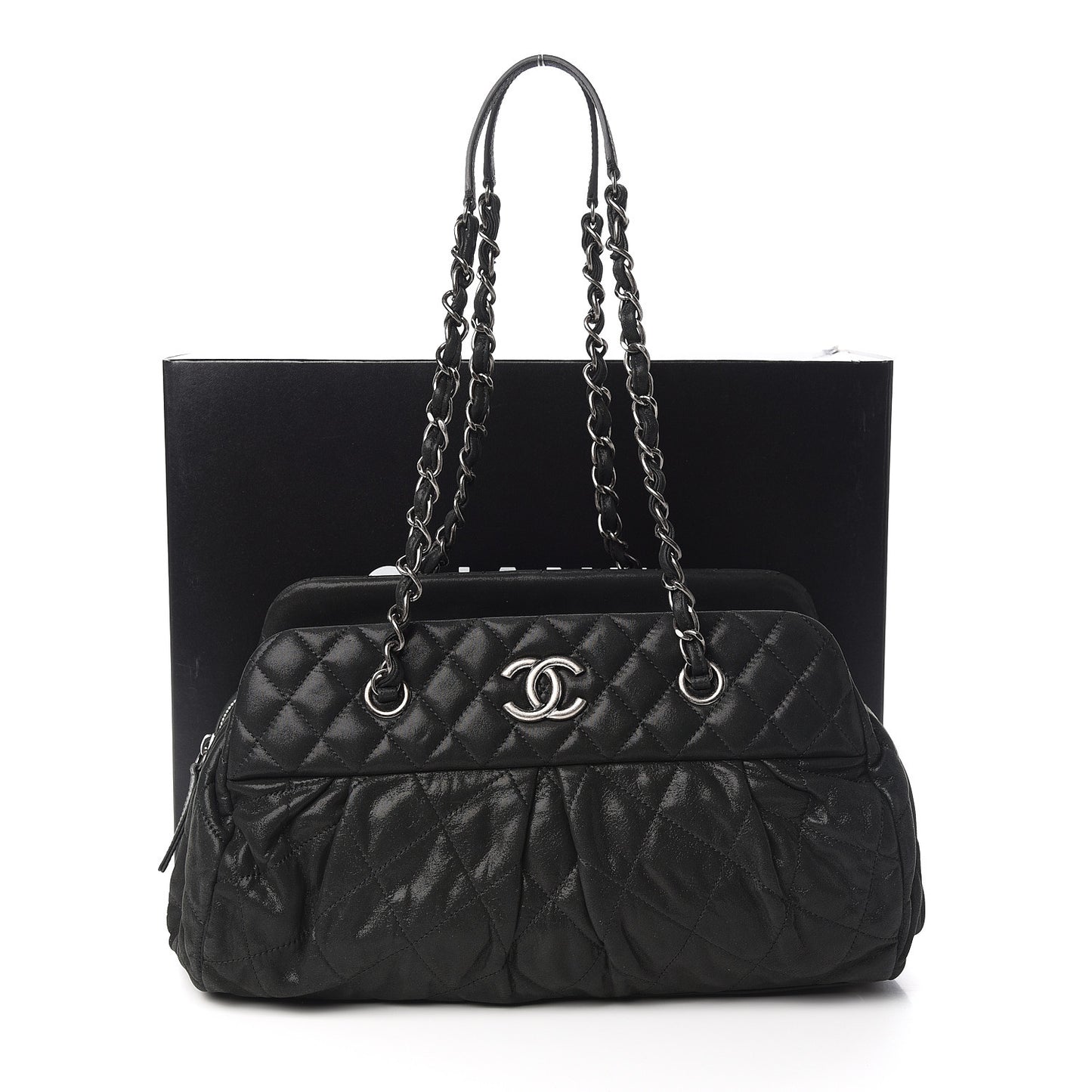 Iridescent Calfskin Chic Quilt Bowling Bag Black