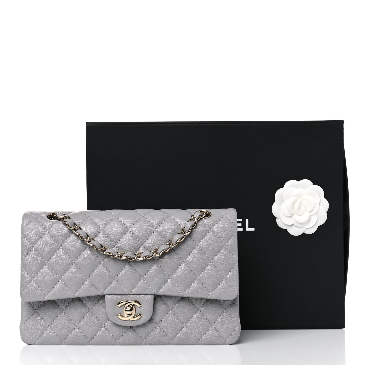 Caviar Quilted Medium Double Flap Grey