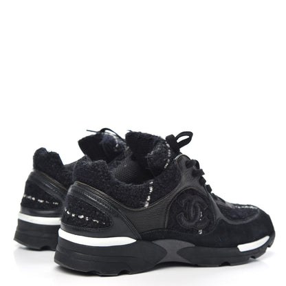 Chanel Tweed Suede Goatskin CC Sneakers 37.5 Black White 4 of 11