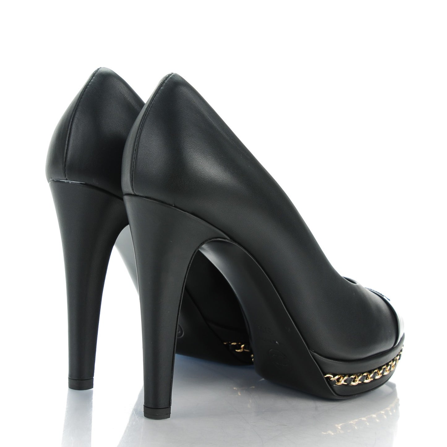 Calfskin Patent Cap Toe Chain Pumps 37.5 Black