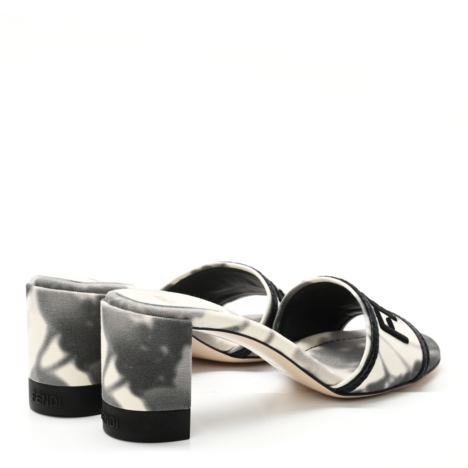 Fendi Canvas Floral Print Logo Mid-Heel Slide Sandals 40 Black White 4 of 7