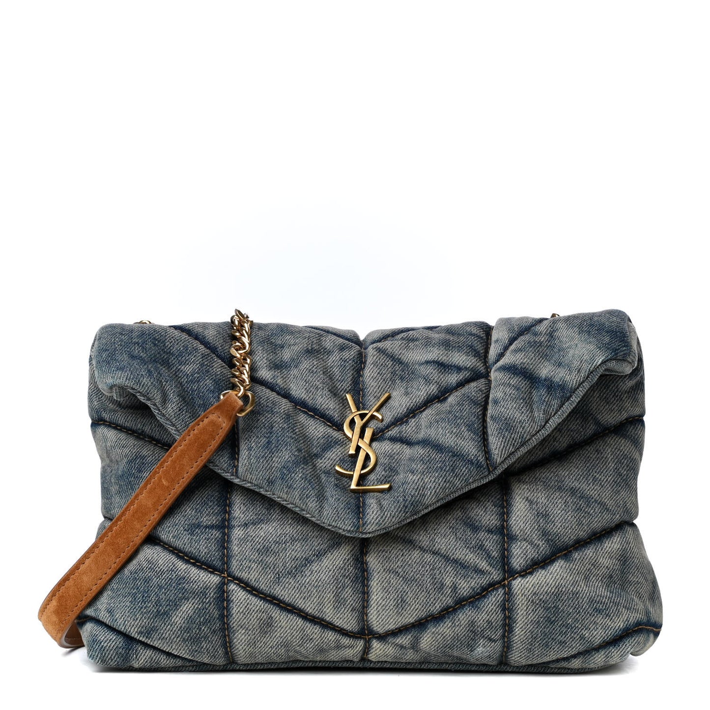 Denim Quilted Toy Loulou Puffer Monogram Chain Satchel Blue Cinnamon