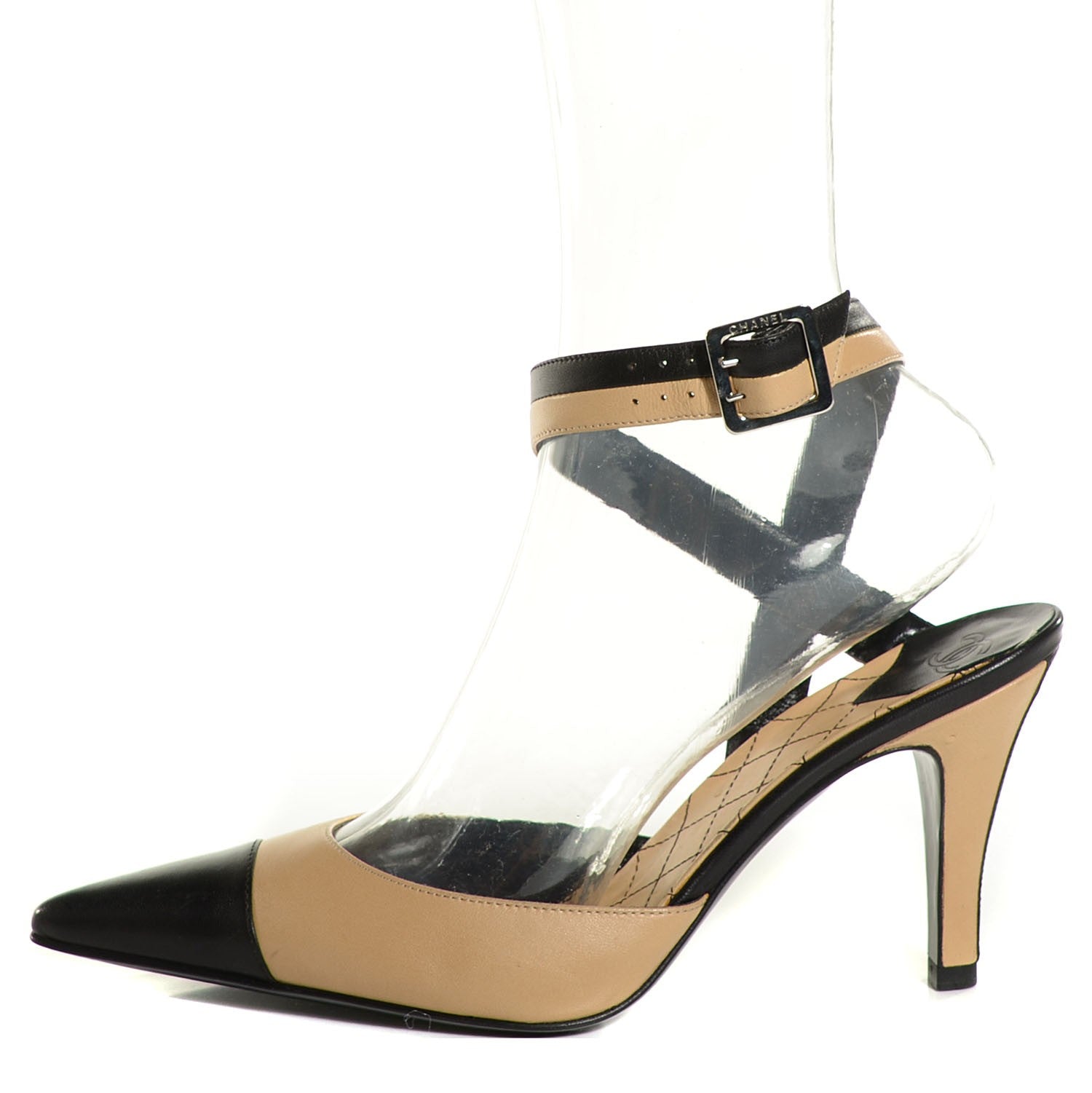 Chanel Lambskin Cap Toe Ankle Strap Pumps 37 Black Beige 1 of 6