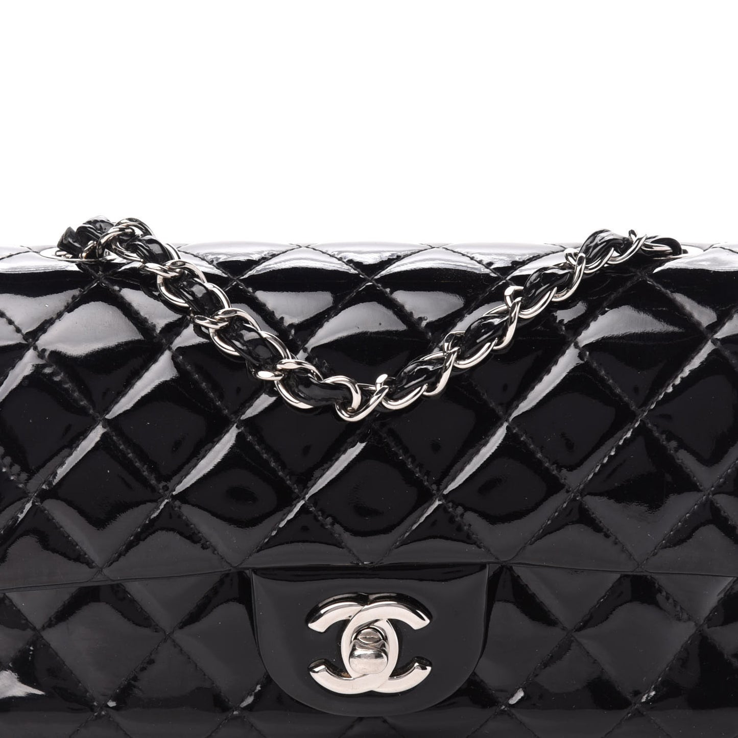 Patent Calfskin Quilted Mini Rectangular Flap Black