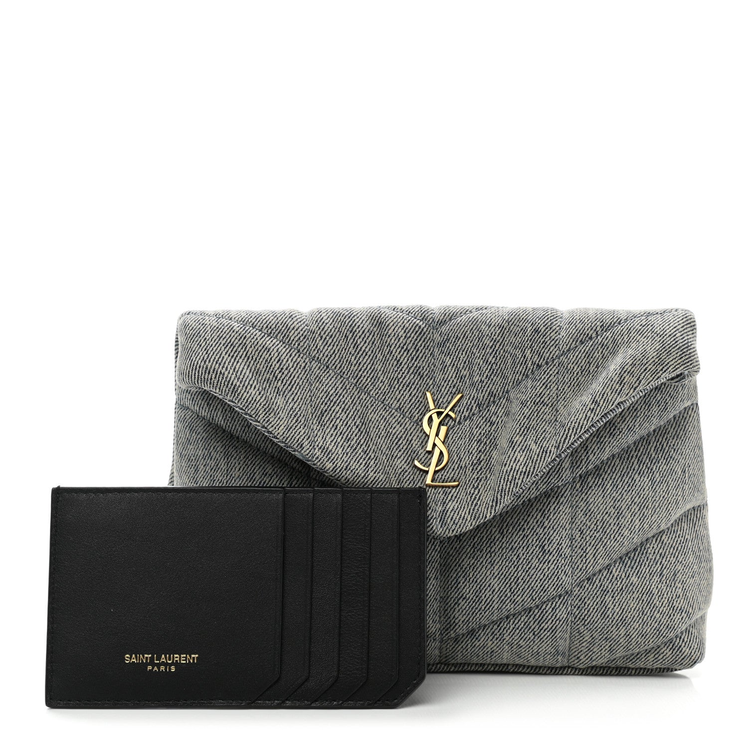 Saint Laurent Denim Quilted Monogram Loulou Puffer Pouch Clutch Blue Gray Light Azur 3 of 8