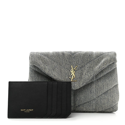 Saint Laurent Denim Quilted Monogram Loulou Puffer Pouch Clutch Blue Gray Light Azur 3 of 8