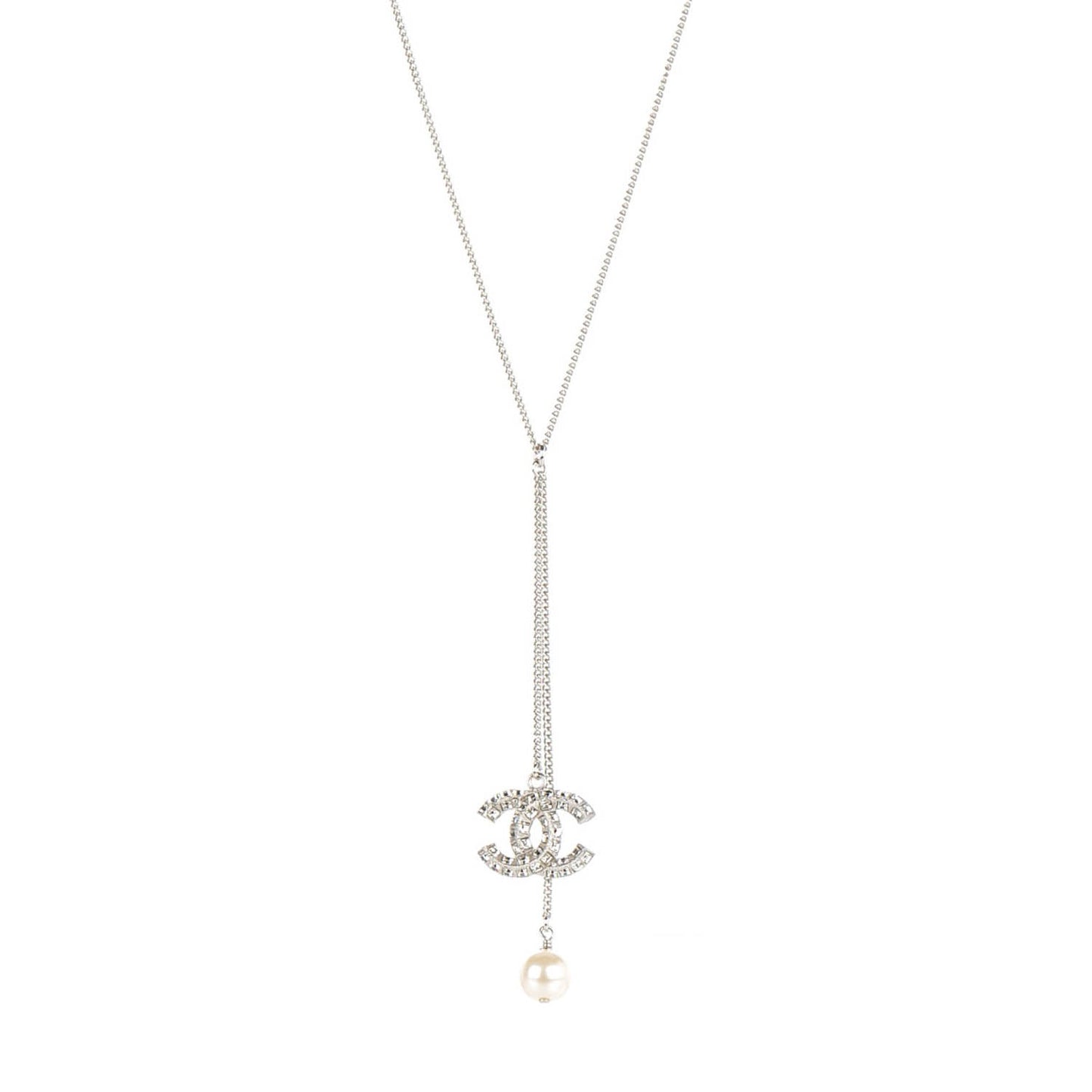Baguette Crystal Pearl CC Lariat Necklace Silver