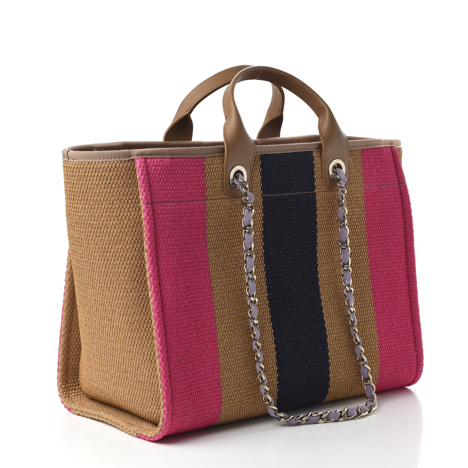Chanel Straw Raffia Calfskin Striped Medium Deauville Tote Dark Beige Fuchsia Navy Blue 3 of 10