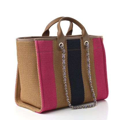 Chanel Straw Raffia Calfskin Striped Medium Deauville Tote Dark Beige Fuchsia Navy Blue 3 of 10