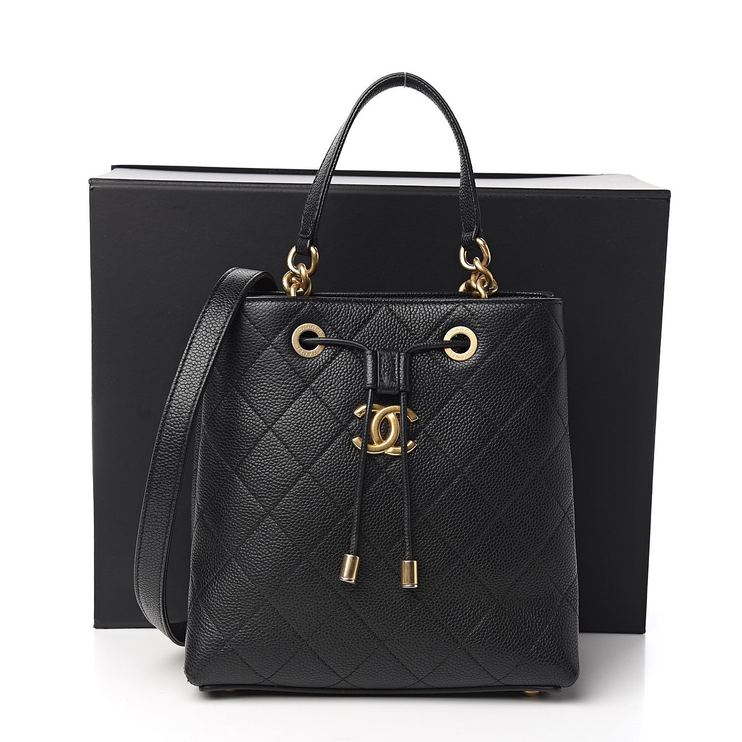 Grained Calfskin Stitched Small Drawstring Bag Black