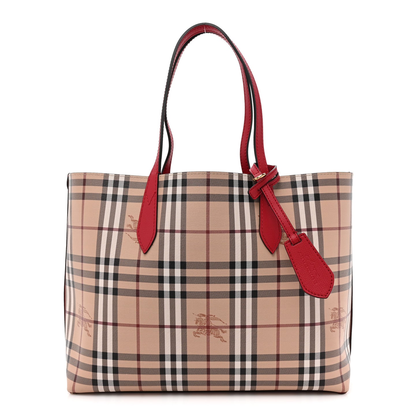 Grainy Calfskin Haymarket Check Medium Reversible Tote Red