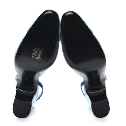 Chanel Printed Denim Cap Toe CC Slingback Pumps 39 Light Blue White 6 of 10