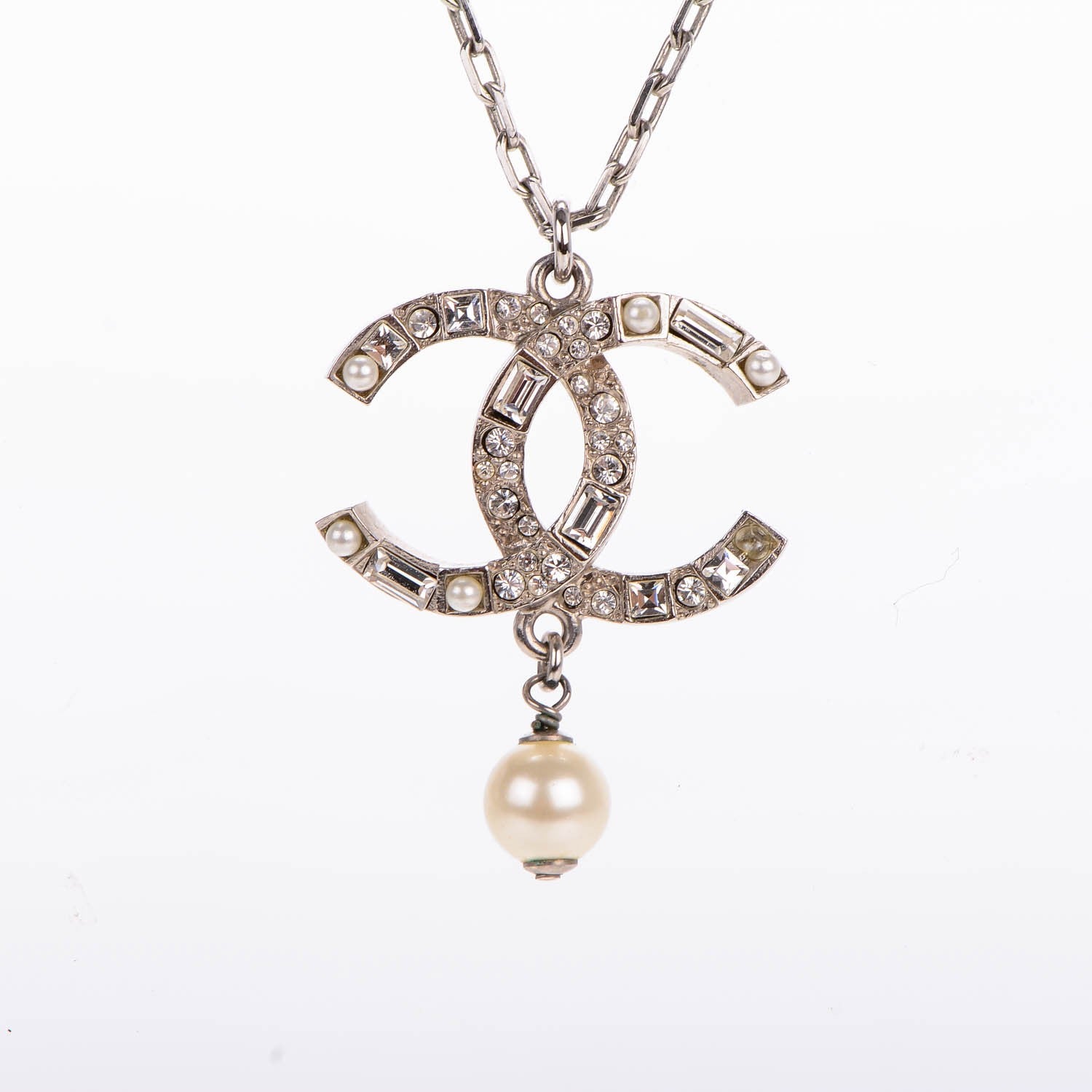 Chanel Pearl Baguette Crystal CC Chain Necklace Silver 3 of 5