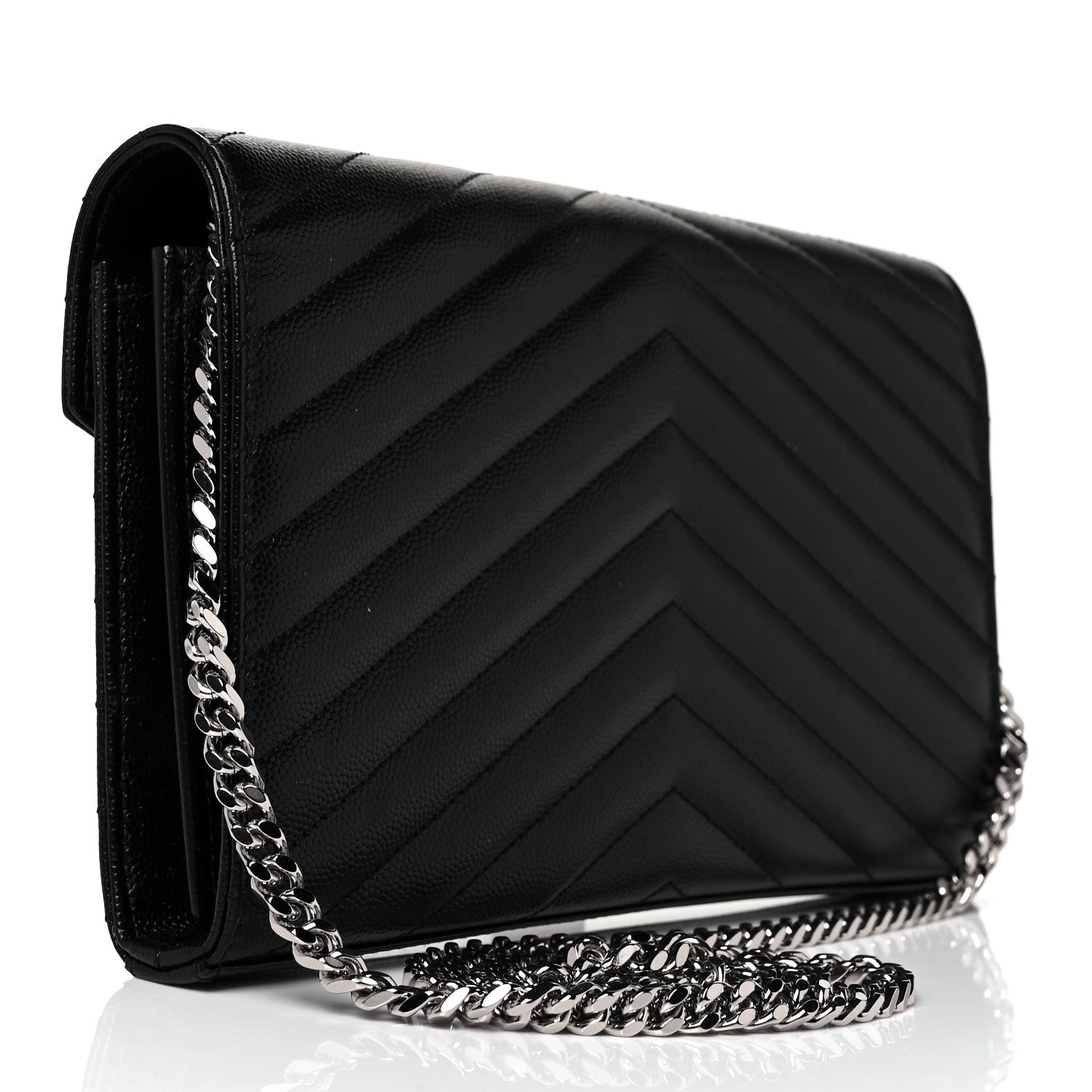 Saint Laurent Grain De Poudre Matelasse Chevron Monogram Chain Wallet Black 3 of 9