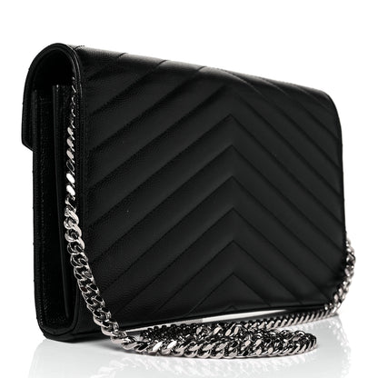 Saint Laurent Grain De Poudre Matelasse Chevron Monogram Chain Wallet Black 3 of 9