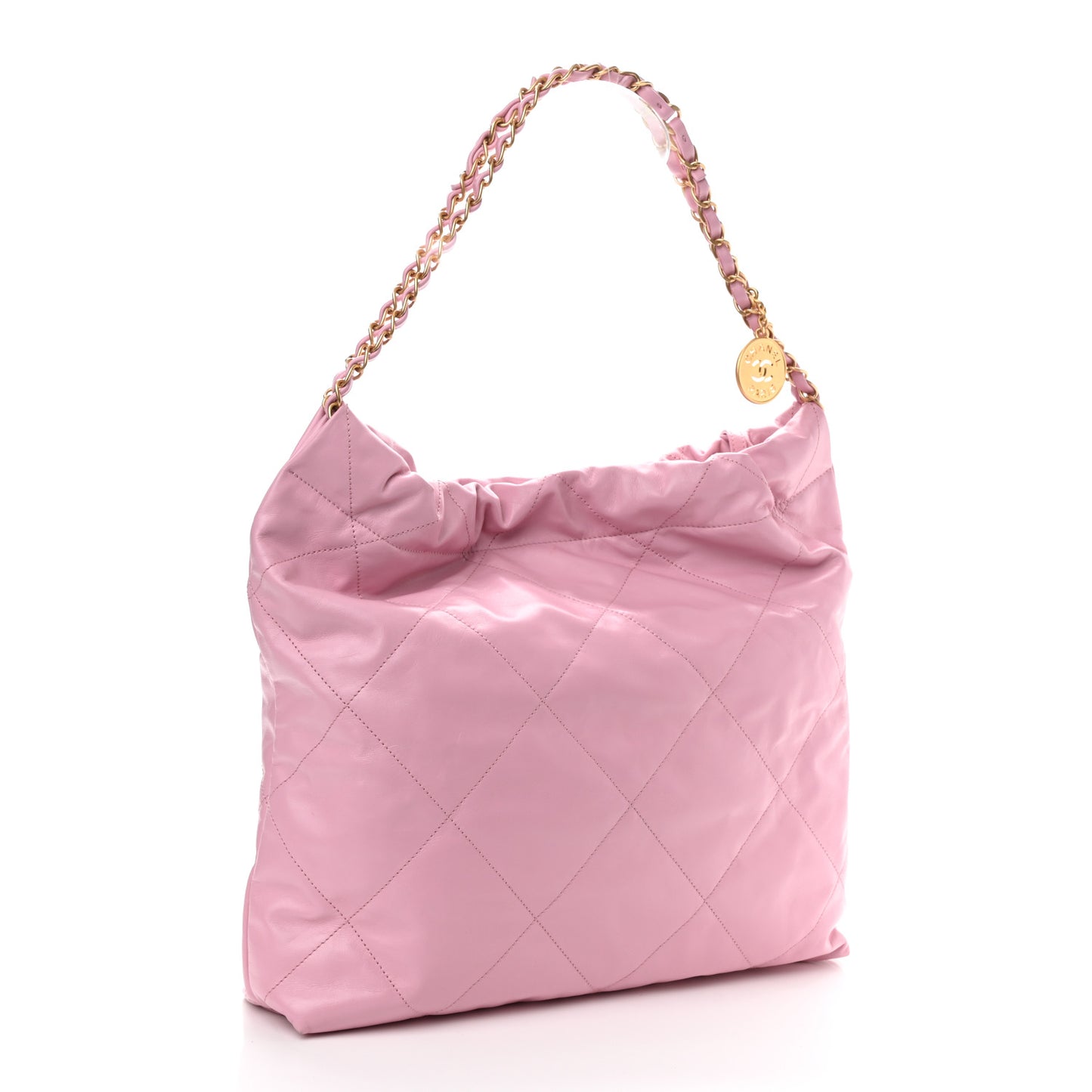 Shiny Calfskin Quilted Chanel 22 Drawstring Bag Pink