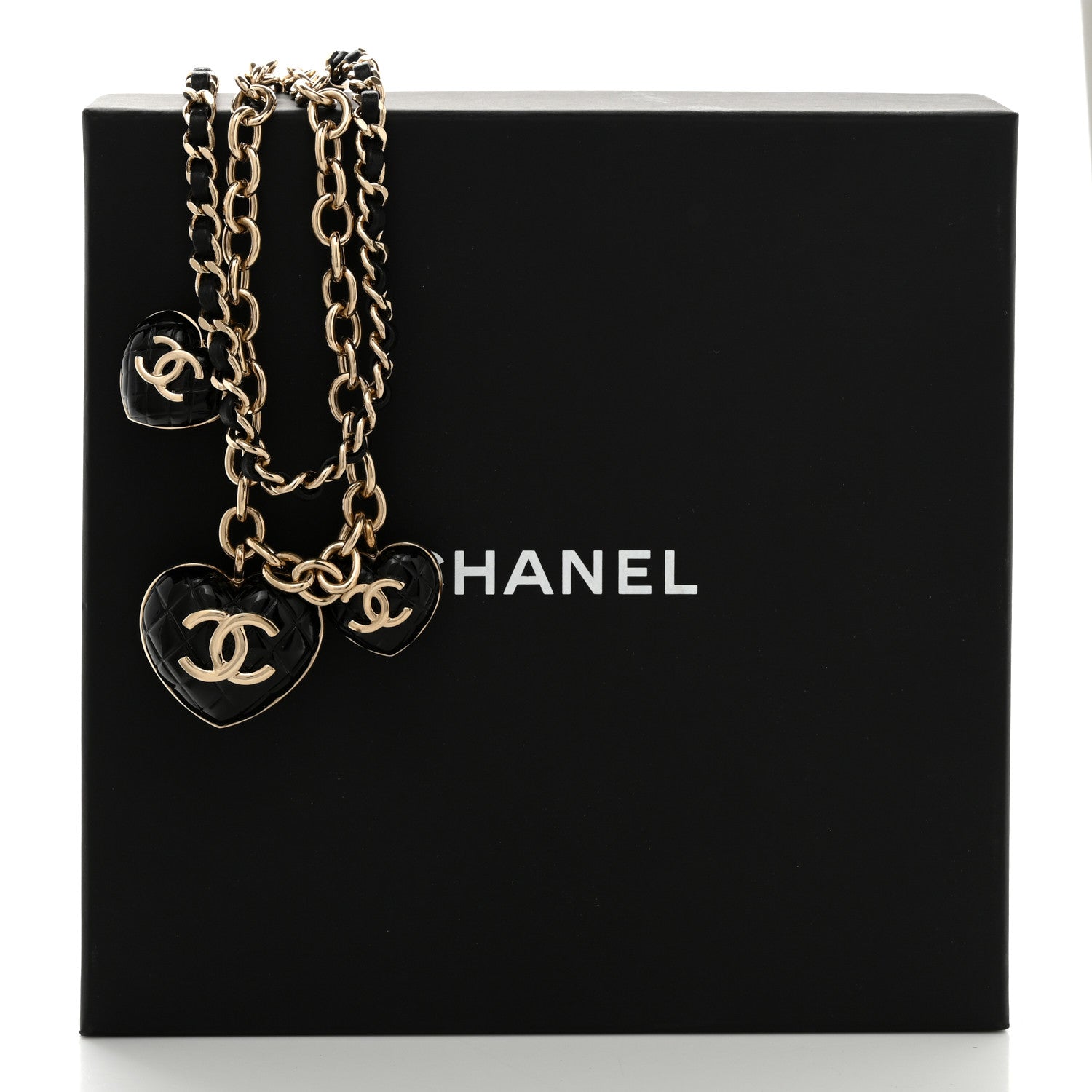 Chanel Metal Lambskin Resin Quilted CC Heart Necklace Black Gold 5 of 5
