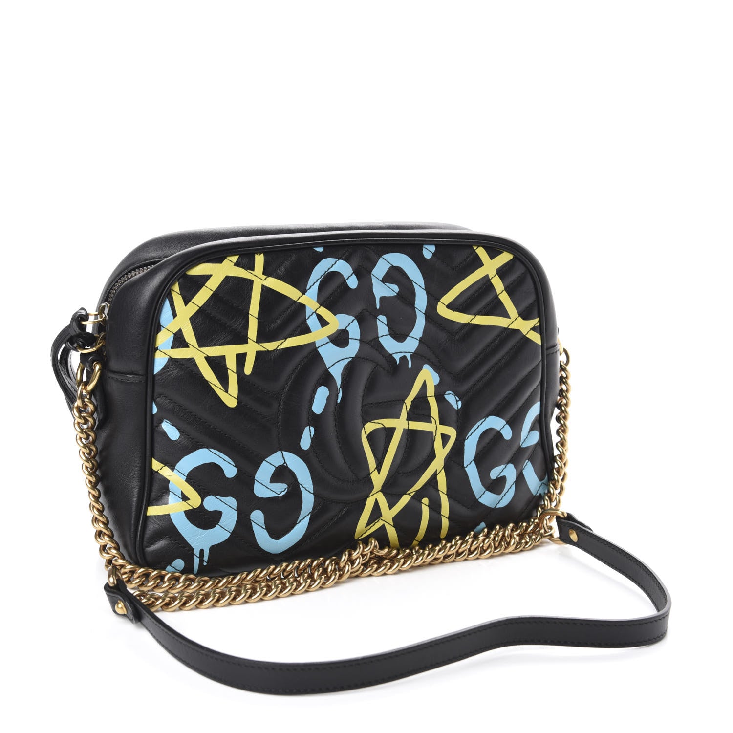 Gucci Calfskin Matelasse GucciGhost Medium GG Marmont Chain Shoulder Bag Black New Acquamarine 3 of 11