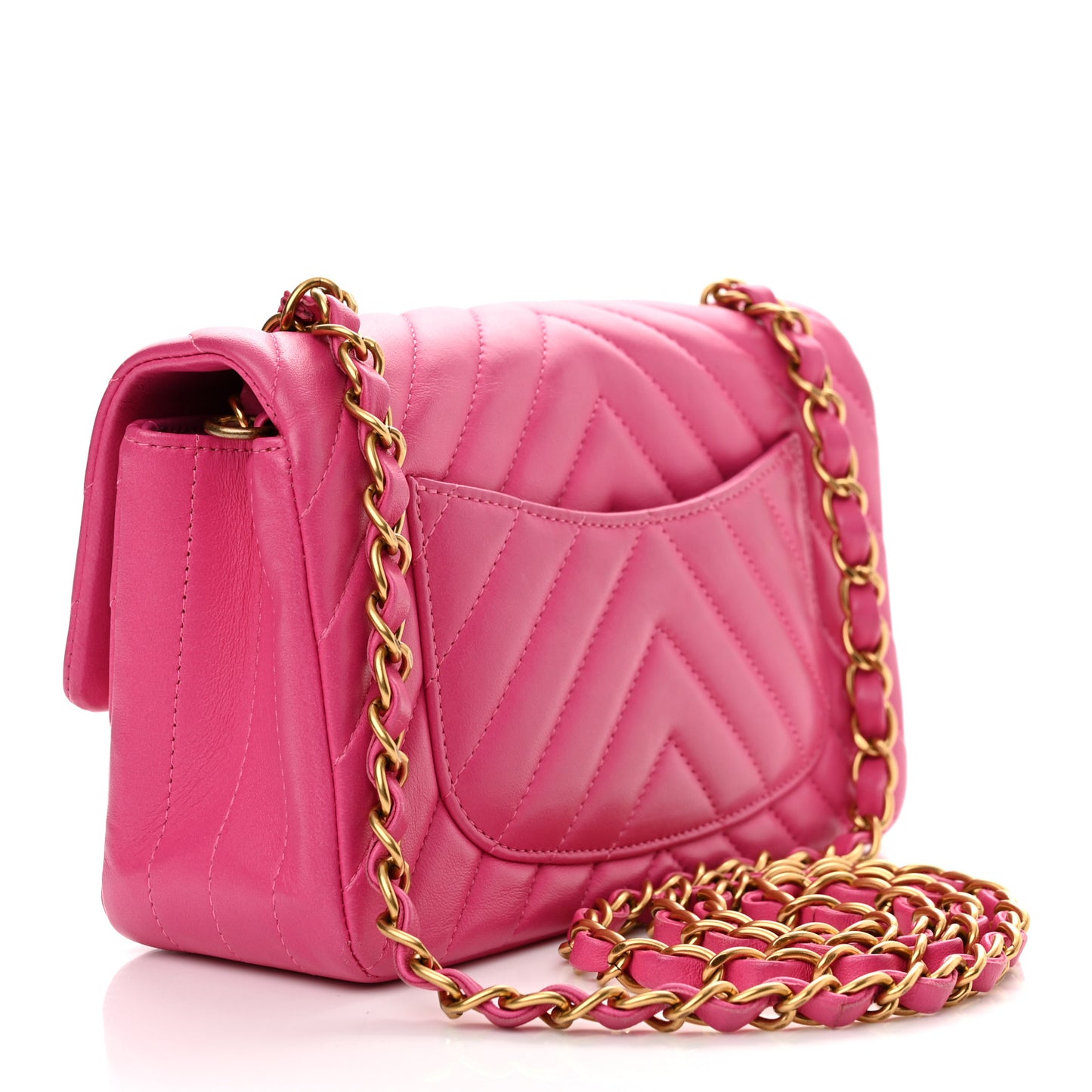 Lambskin Chevron Quilted Mini Rectangular Flap Dark Pink