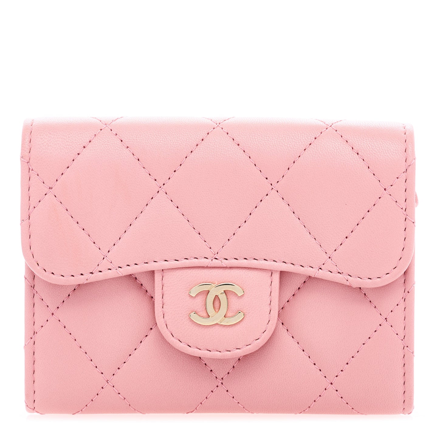 Lambskin Quilted Flap Card Holder Wallet Pink