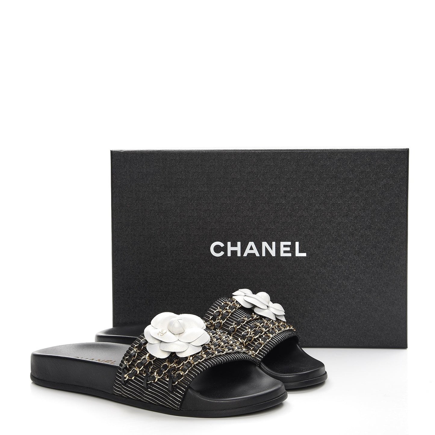 Calfskin Chain Flat Sandals 38 Black