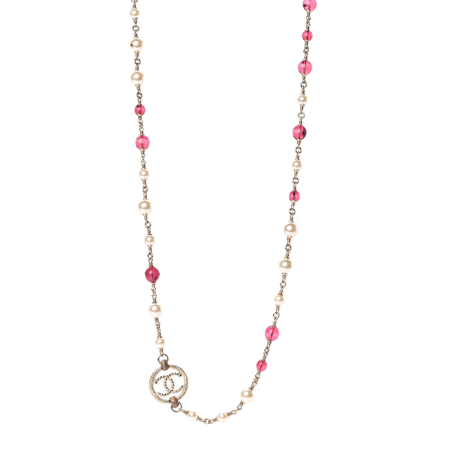 Chanel Pearl Bead CC Long Necklace Gold Pink 1 of 6