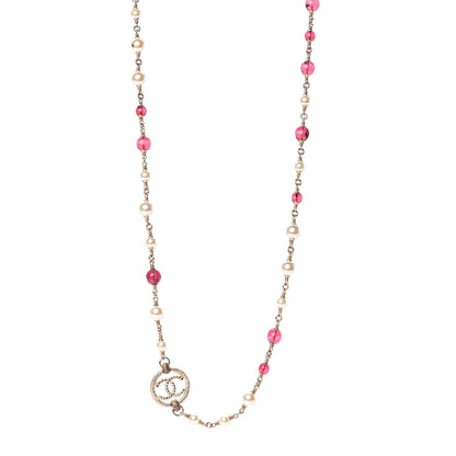 Chanel Pearl Bead CC Long Necklace Gold Pink 1 of 6