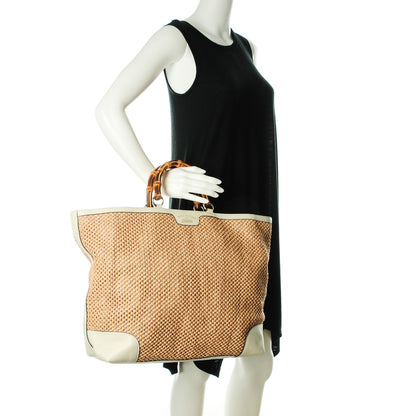 Gucci Straw Calfskin Large Bamboo Shopper Tote Natural 2 of 7