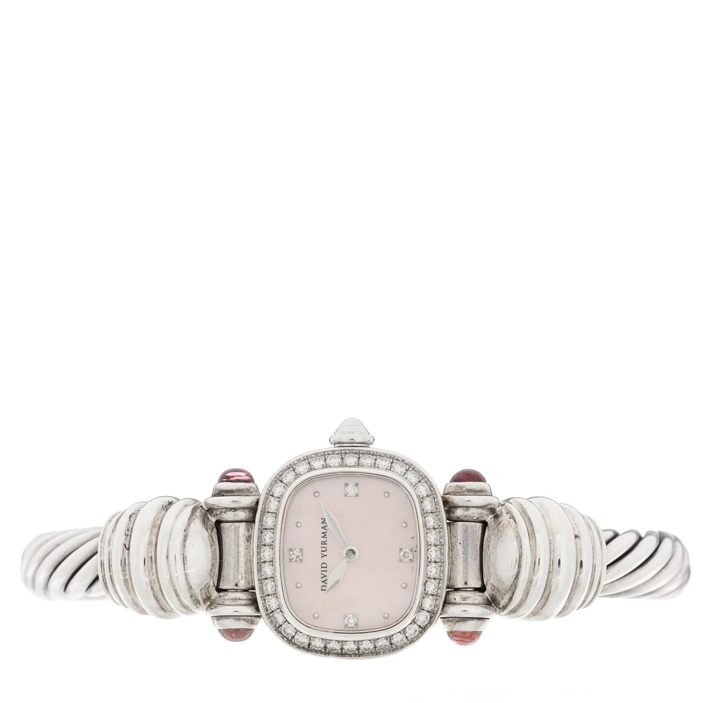 Sterling Silver Diamond Bezel Mother of Pearl Pink Tourmaline 21mm Classic Cable Quartz Watch
