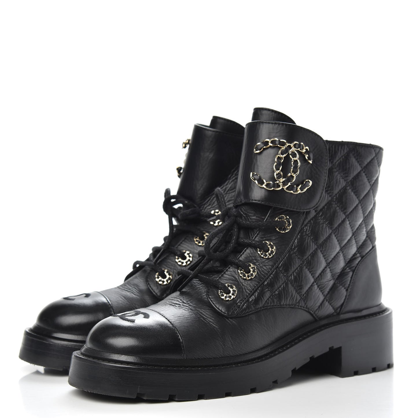 Shiny Goatskin Calfskin Quilted Lace Up Combat Boots 37.5 Black