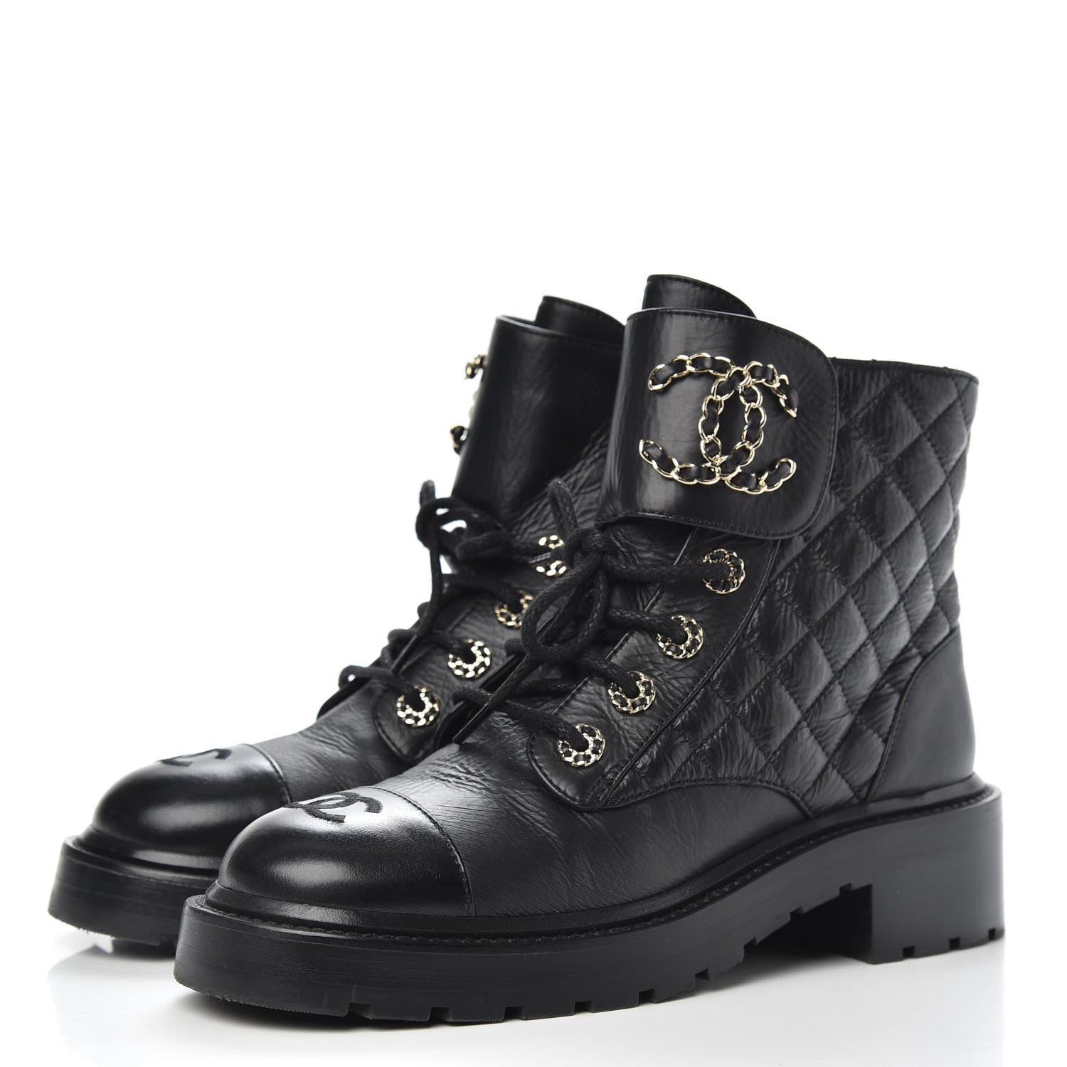 Chanel Shiny Goatskin Calfskin Quilted Lace Up Combat Boots 37.5 Black 3 of 8