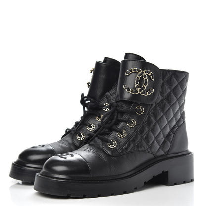 Chanel Shiny Goatskin Calfskin Quilted Lace Up Combat Boots 37.5 Black 3 of 8