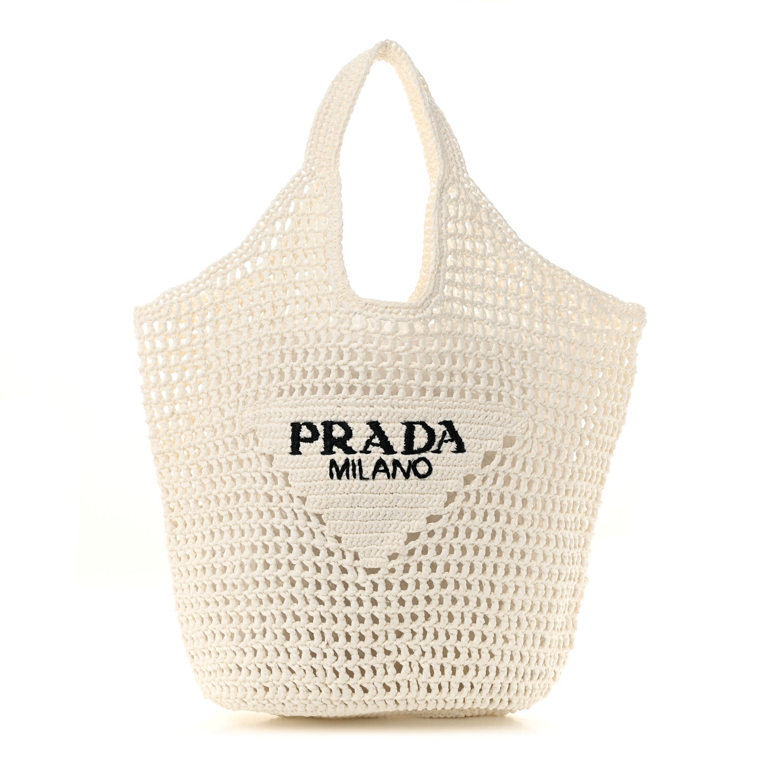 Prada Yarn Raffia Effect Crochet Logo Embroidered Shopping Tote Bag White 1 of 10