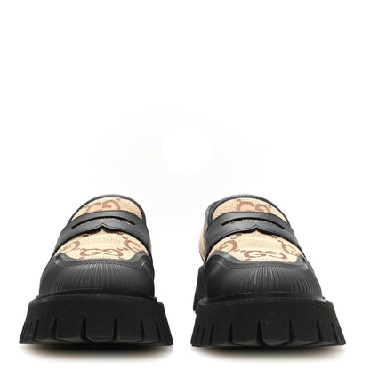Gucci Monogram Jumbo GG Miro Soft Calfskin Mens Lug Sole Loafers 9 Camel Ebony Black 3 of 9